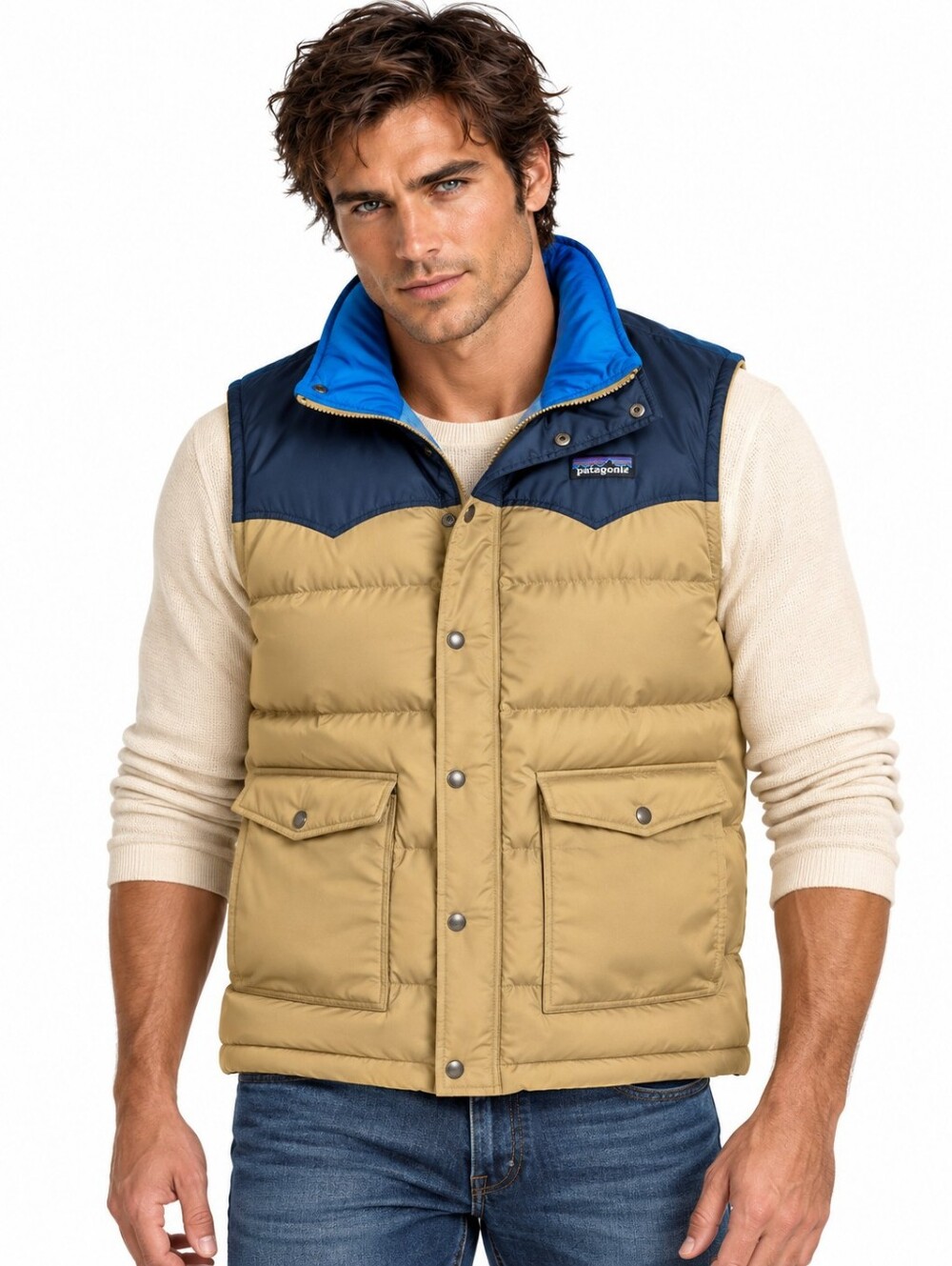 Patagonia Slingshot Down Vest Men's Medium 600 Fill Goose Down Tan Navy